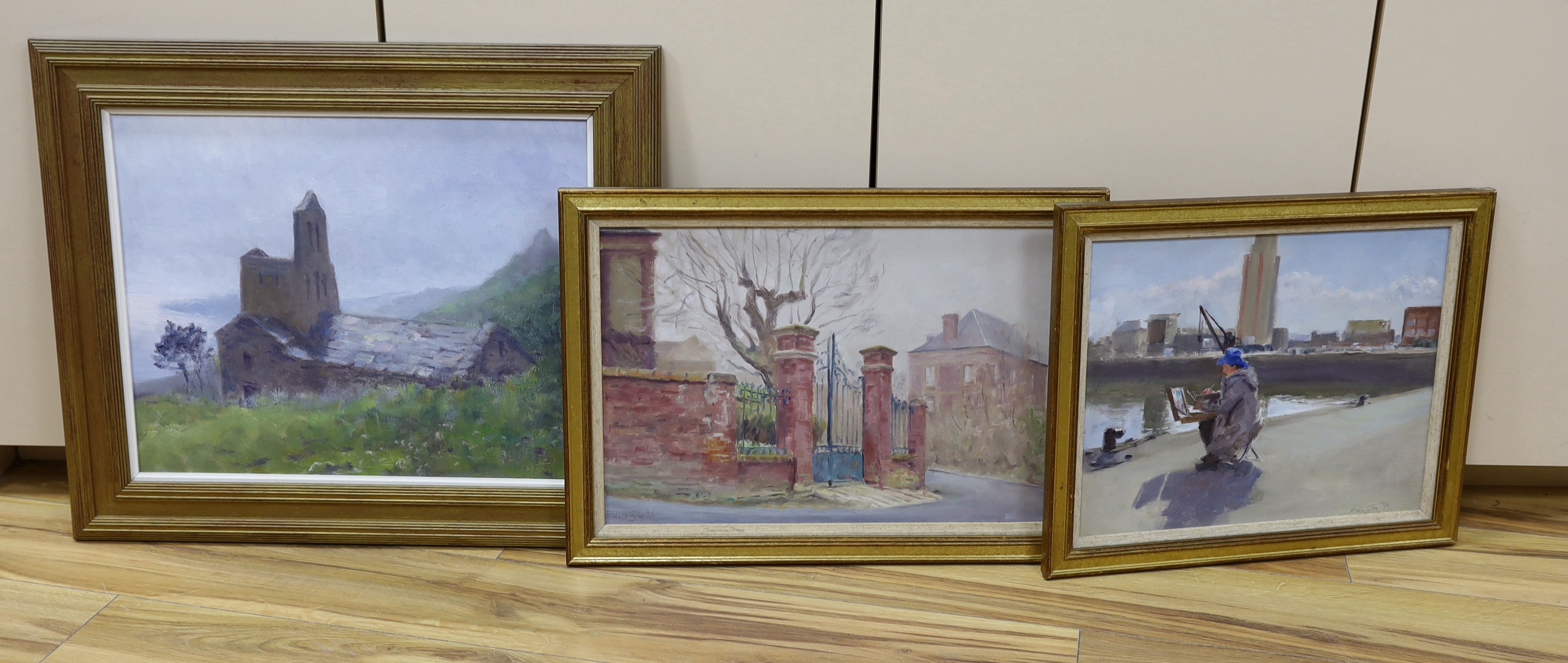 Neil Tyler (b.1945), three oils, 'Cornish tin mine', 'Old Gate, Dieppe' and 'The artist at work', signed and dated c.1996, largest 38 x 48cm